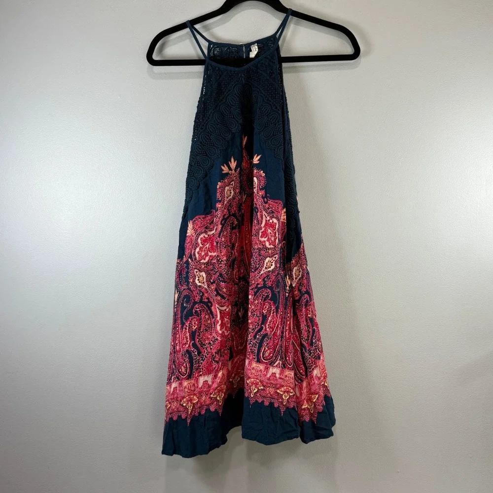 Free People Intimately Navy Paisley Crochet Lace Halter Mini Dress Size M